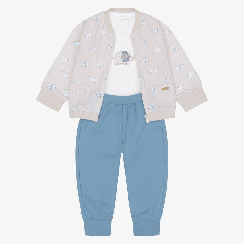 Mayoral Newborn-Baby Boys Beige & Blue Elephant Print Tracksuit Set | Childrensalon
