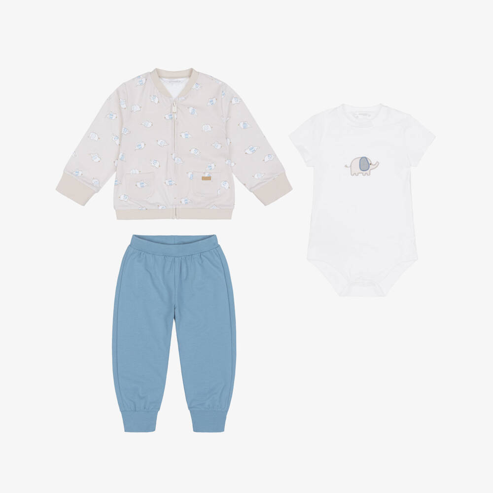 Mayoral Newborn-Baby Boys Beige & Blue Elephant Print Tracksuit Set | Childrensalon