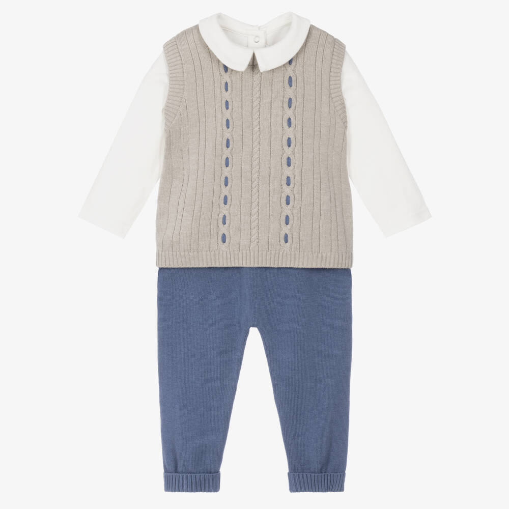 Mayoral Newborn-Baby Boys Beige & Blue Knitted Trouser Set | Childrensalon