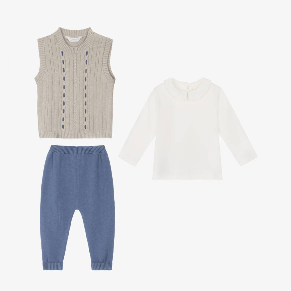 Mayoral Newborn-Baby Boys Beige & Blue Knitted Trouser Set | Childrensalon