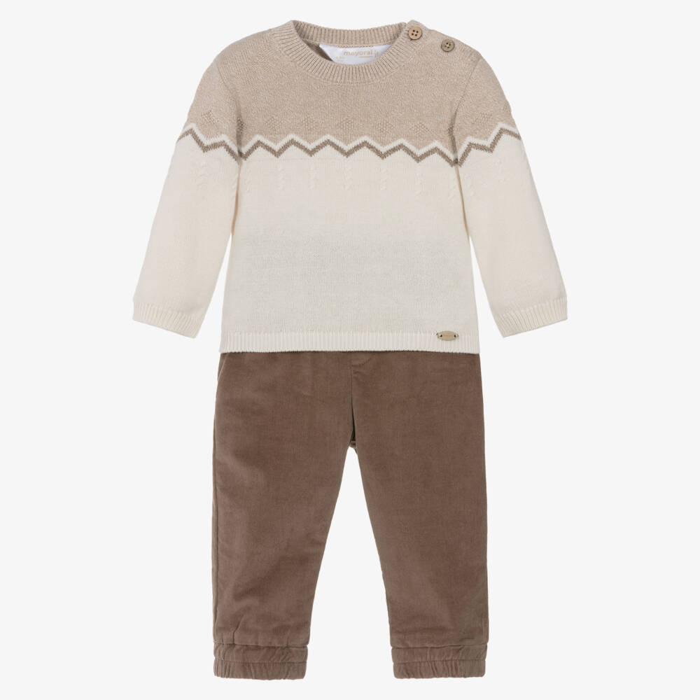 Mayoral Newborn-Baby Boys Beige & Brown Corduroy Trouser Set | Childrensalon