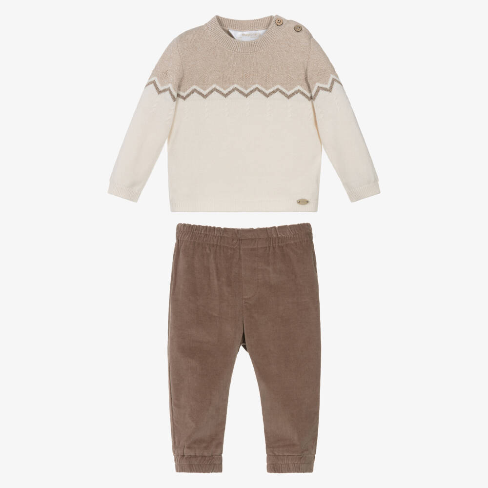 Mayoral Newborn-Baby Boys Beige & Brown Corduroy Trouser Set | Childrensalon