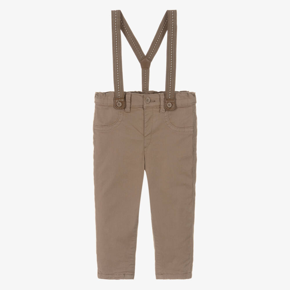 Mayoral Newborn-Baby Boys Beige Cotton Trousers with Brown Braces | Childrensalon