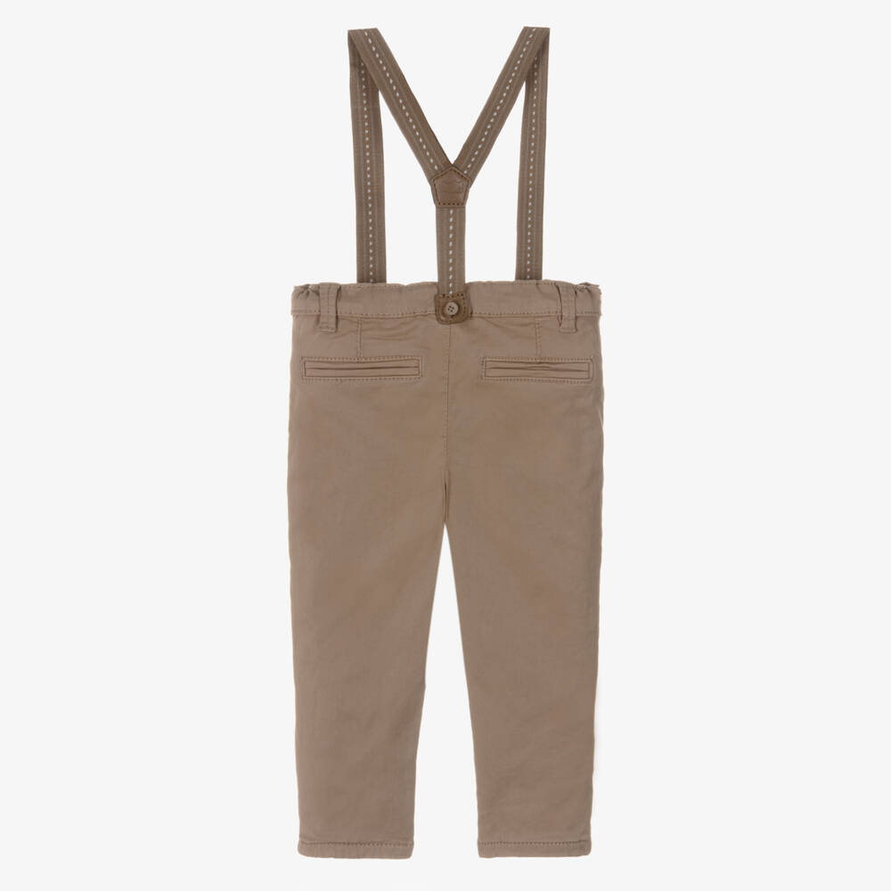 Mayoral Newborn-Baby Boys Beige Cotton Trousers with Brown Braces  | Childrensalon