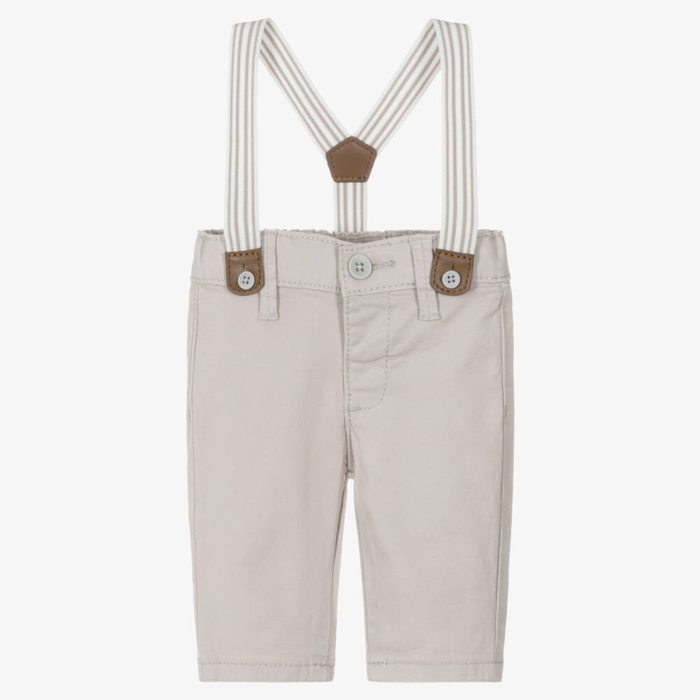 Mayoral Для новорожденных-Baby Boys Beige Cotton Trousers with Striped Braces | Childrensalon