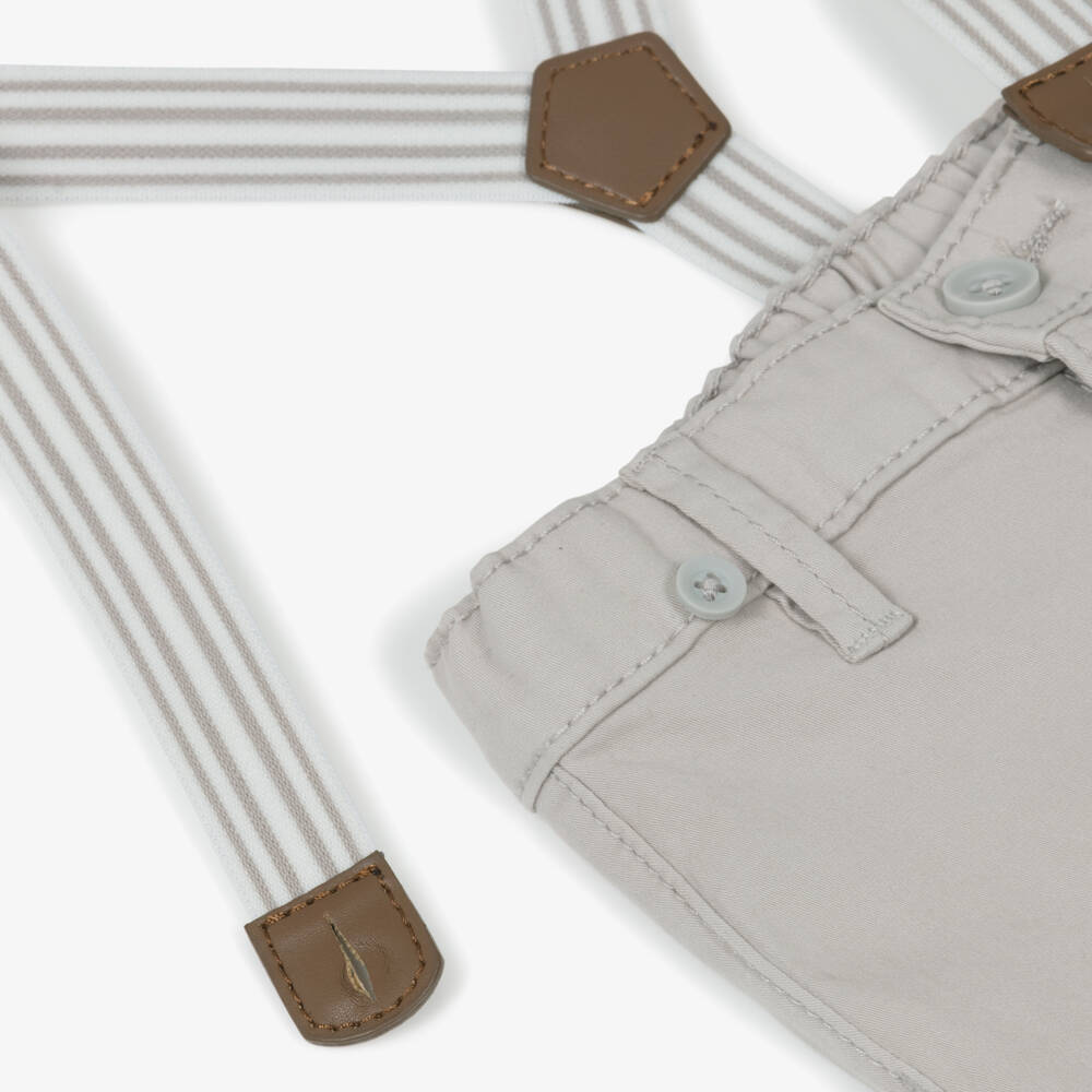 Mayoral Для новорожденных-Baby Boys Beige Cotton Trousers with Striped Braces | Childrensalon