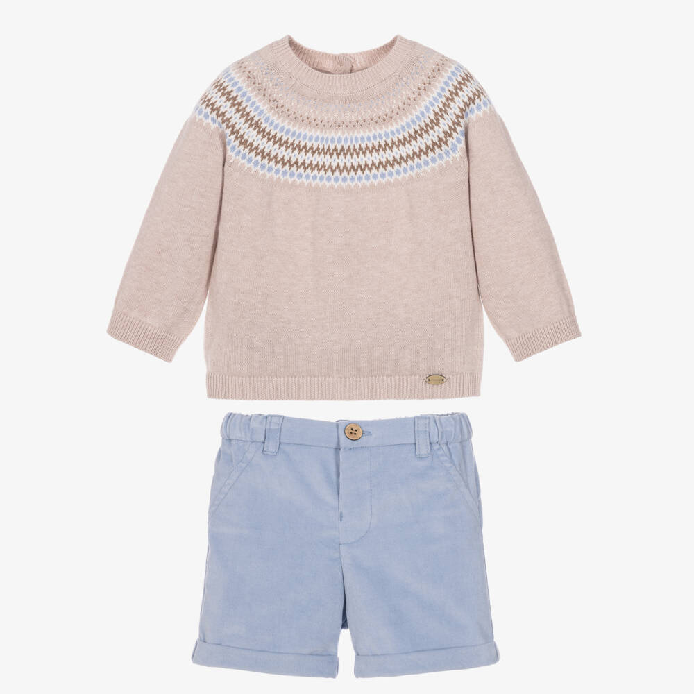 Mayoral Newborn-Baby Boys Beige Fair Isle Sweater & Shorts Set | Childrensalon