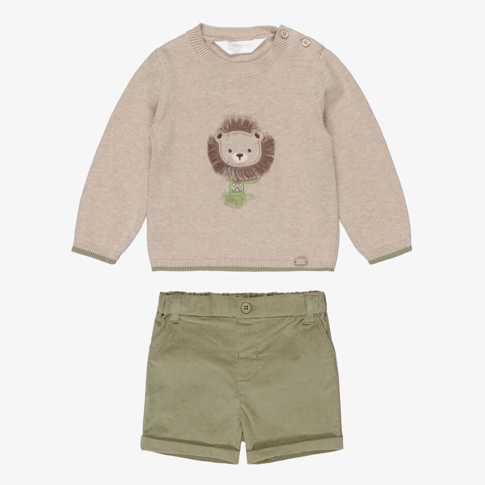 Mayoral Newborn-Baby Boys Beige & Green Corduory Shorts Set | Childrensalon