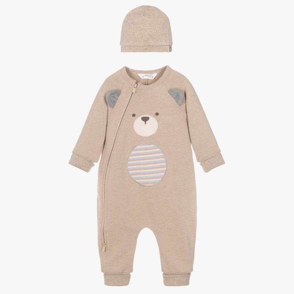 Mayoral Newborn-Baby Boys Beige Jersey Knit Bear Babysuit Set  | Childrensalon