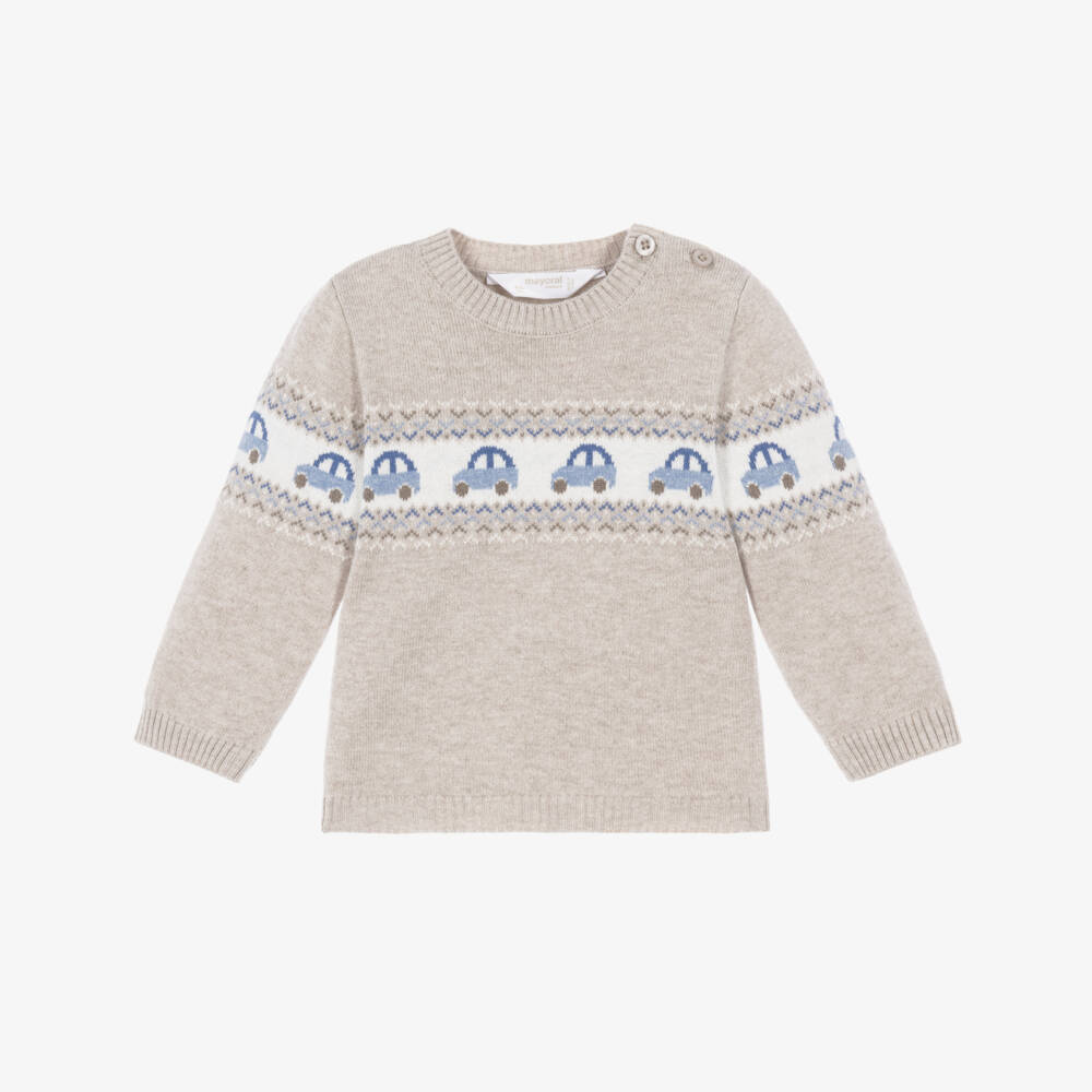 Mayoral Newborn-Baby Boys Beige Knit Sweater with Car Pattern | Childrensalon