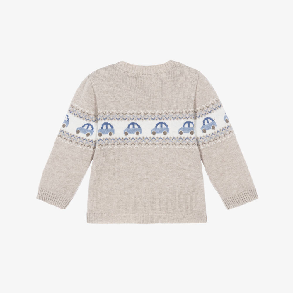 Mayoral Newborn-Baby Boys Beige Knit Sweater with Car Pattern | Childrensalon