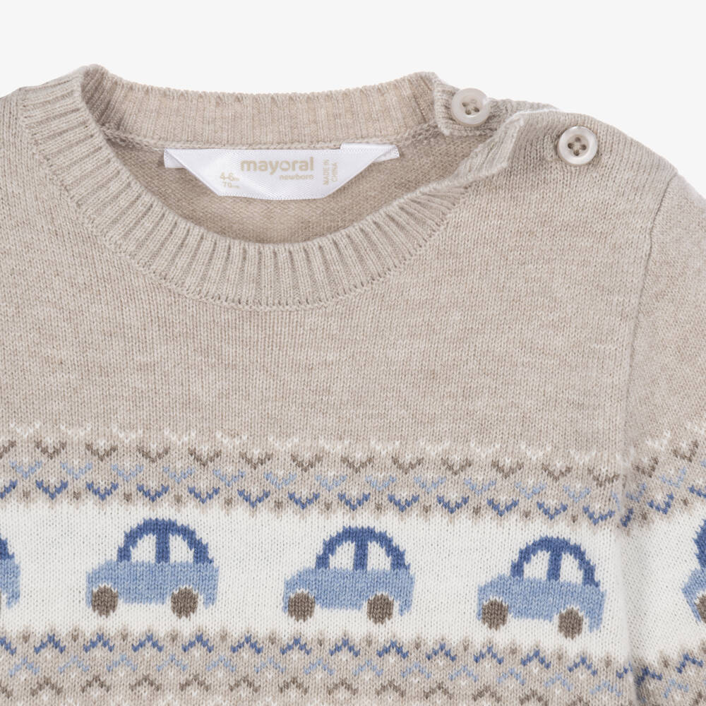 Mayoral Newborn-Baby Boys Beige Knit Sweater with Car Pattern | Childrensalon