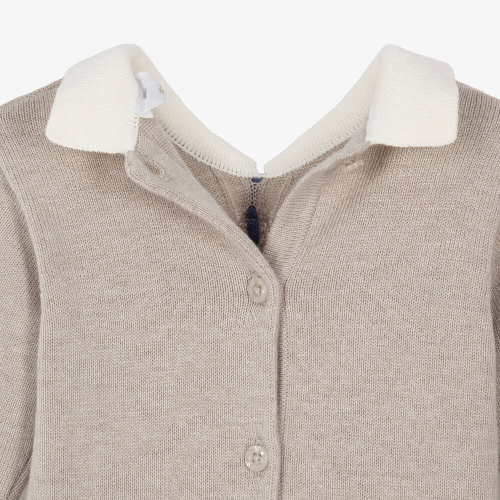 Mayoral Для новорожденных-Baby Boys Beige Knitted Romper with Ivory Collar | Childrensalon