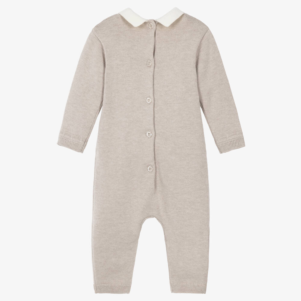 Mayoral Для новорожденных-Baby Boys Beige Knitted Romper with Ivory Collar | Childrensalon