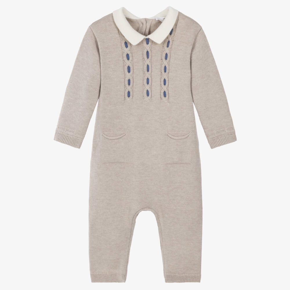 Mayoral Для новорожденных-Baby Boys Beige Knitted Romper with Ivory Collar | Childrensalon