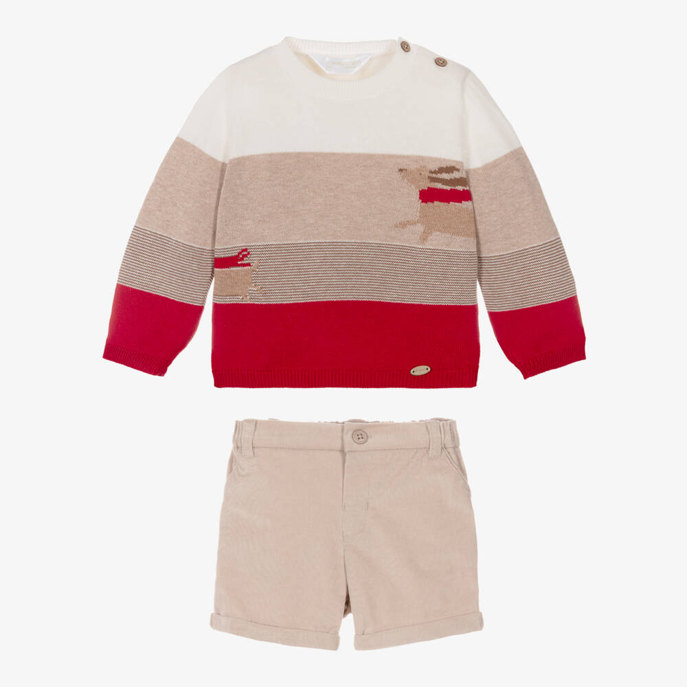 Mayoral Newborn-Baby Boys Beige & Red Corduroy Shorts Set | Childrensalon