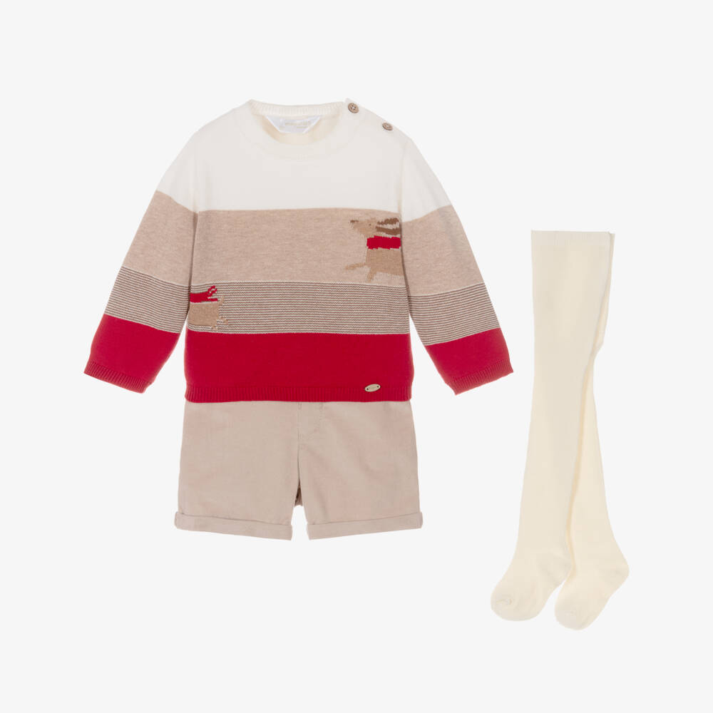 Mayoral Newborn-Baby Boys Beige & Red Corduroy Shorts Set | Childrensalon