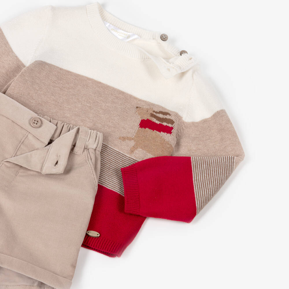 Mayoral Newborn-Baby Boys Beige & Red Corduroy Shorts Set | Childrensalon