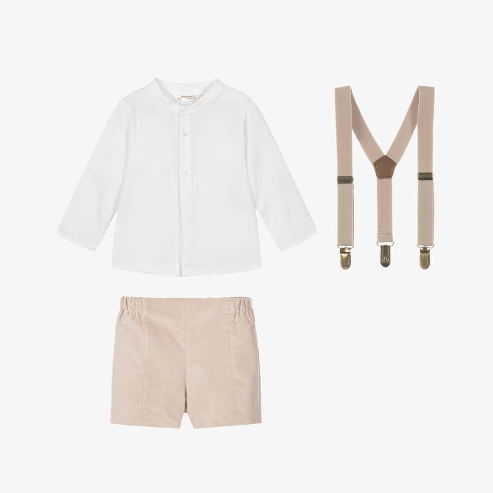 Mayoral Newborn-Baby Boys Beige Shorts Set with Braces | Childrensalon