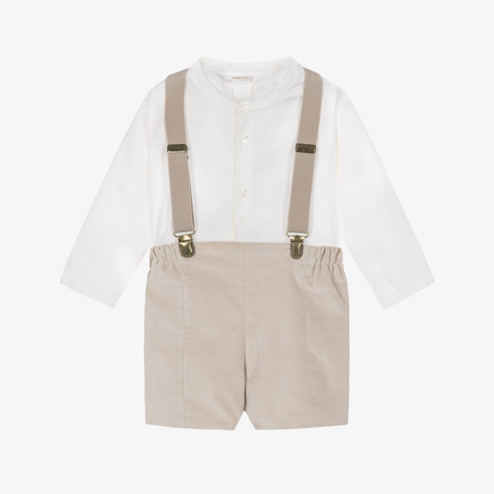 Mayoral Newborn-Baby Boys Beige Shorts Set with Braces | Childrensalon