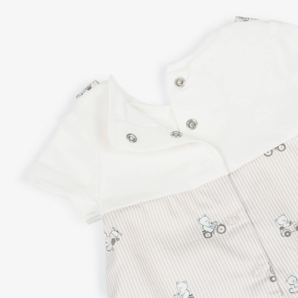 Mayoral Newborn-Baby Boys Beige Stripe Cotton Shortie with Bear Print | Childrensalon