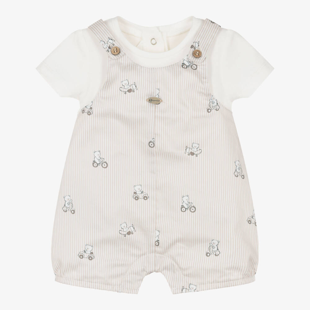 Mayoral Newborn-Baby Boys Beige Stripe Cotton Shortie with Bear Print  | Childrensalon
