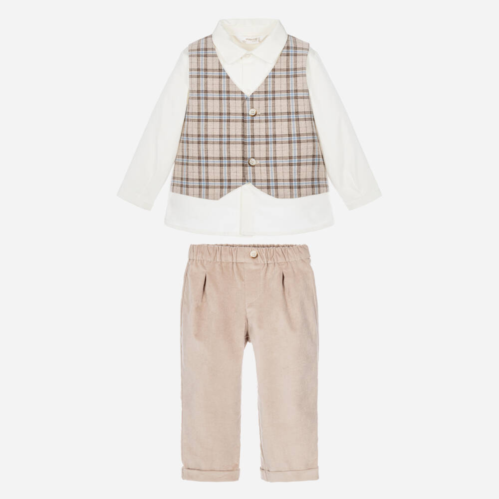 Mayoral Newborn-Baby Boys Beige Trouser Set with Bow Tie | Childrensalon