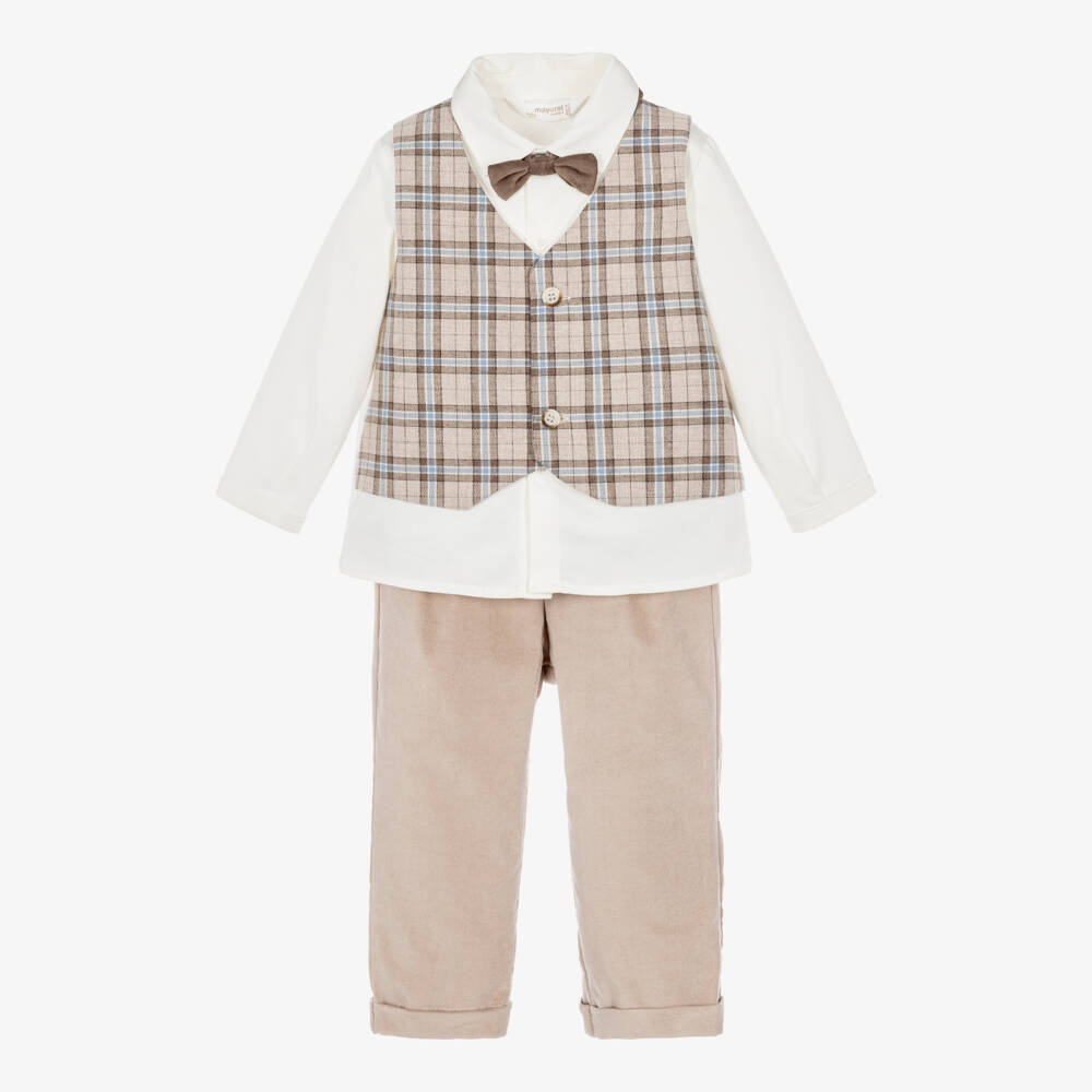 Mayoral Newborn-Baby Boys Beige Trouser Set with Bow Tie | Childrensalon