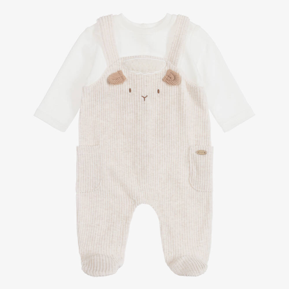 Mayoral Newborn-Baby Boys Beige Velour Dungaree Babygrow | Childrensalon