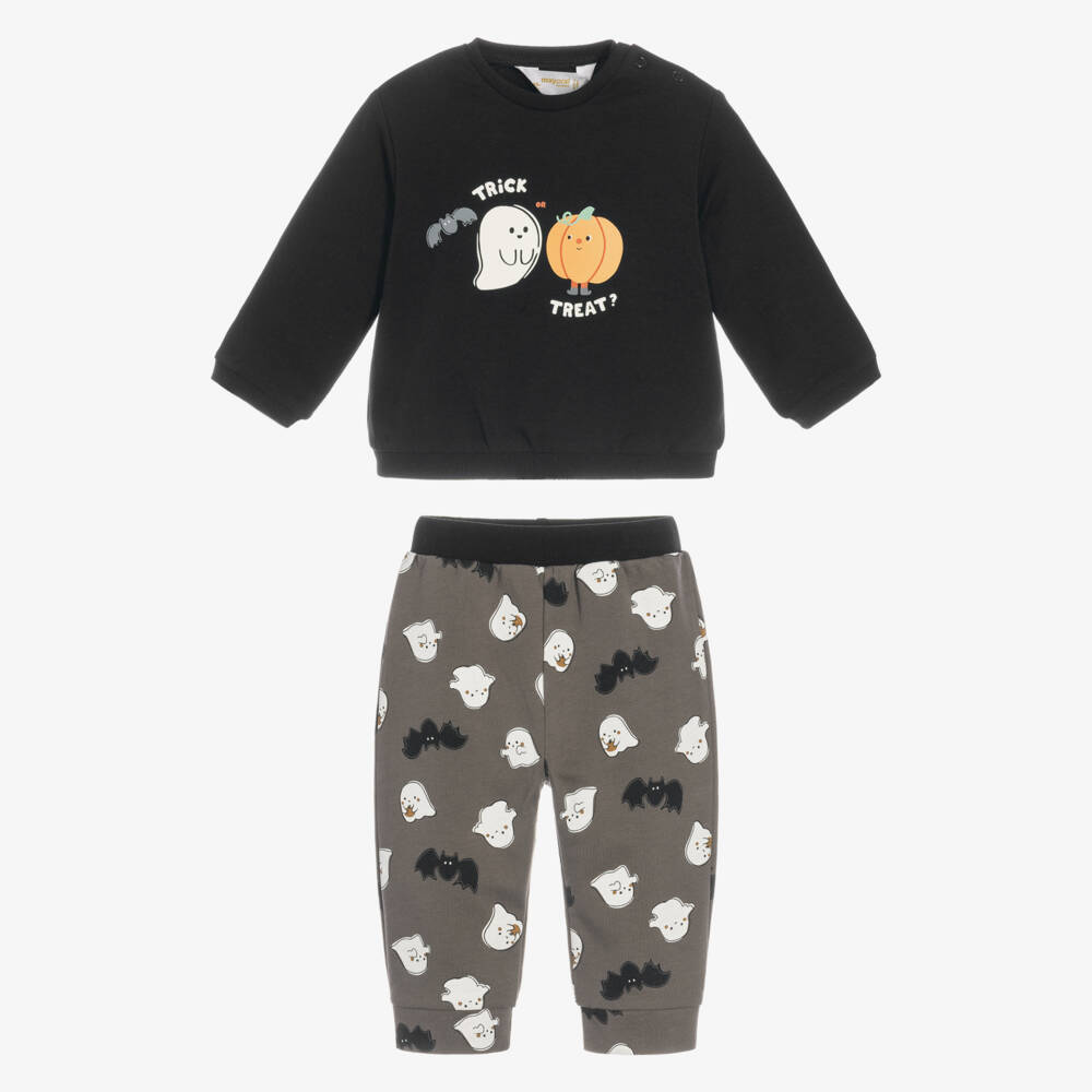 Mayoral Newborn-Baby Boys Black & Grey Trouser Set with Ghost Print | Childrensalon
