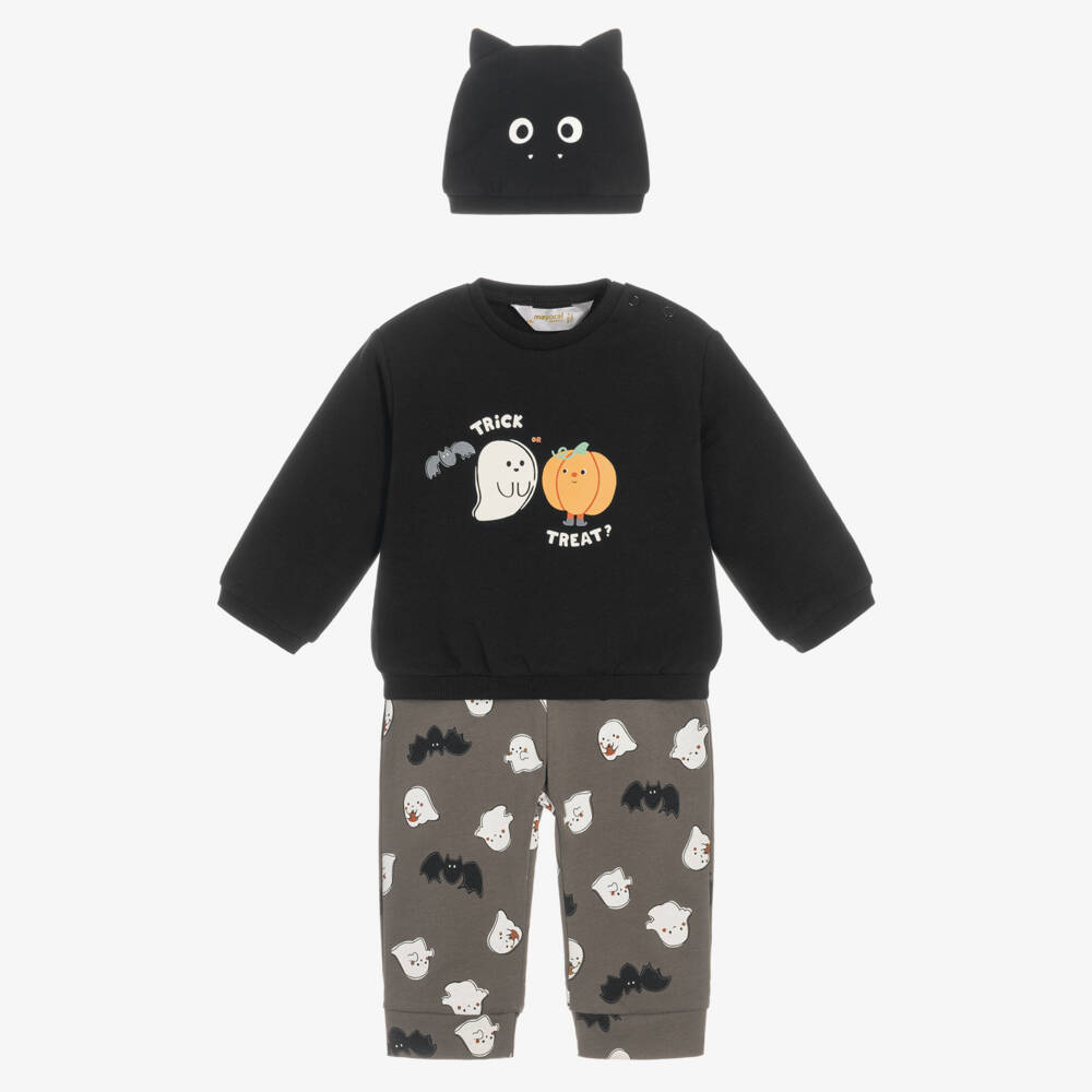 Mayoral Newborn-Baby Boys Black & Grey Trouser Set with Ghost Print | Childrensalon