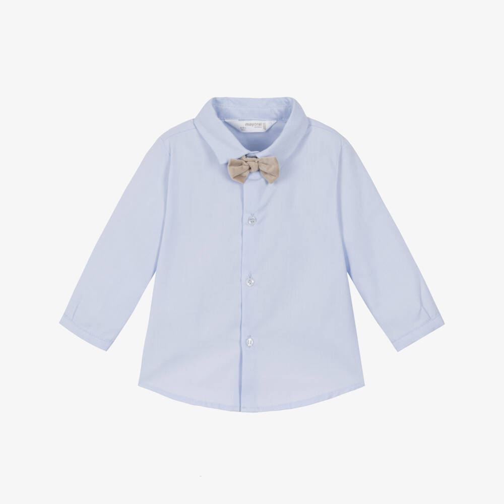 Mayoral Newborn-Baby Boys Blue Cotton Shirt with Bow Tie  | Childrensalon