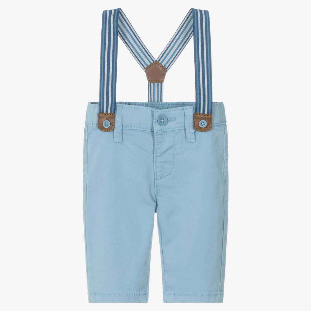 Mayoral Для новорожденных-Baby Boys Blue Cotton Trousers with Striped Braces | Childrensalon