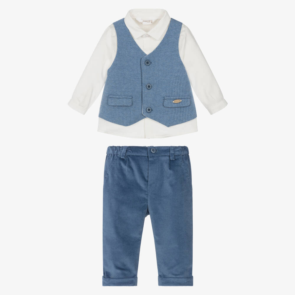 Mayoral Для новорожденных-Baby Boys Blue Cotton Waistcoat Suit | Childrensalon