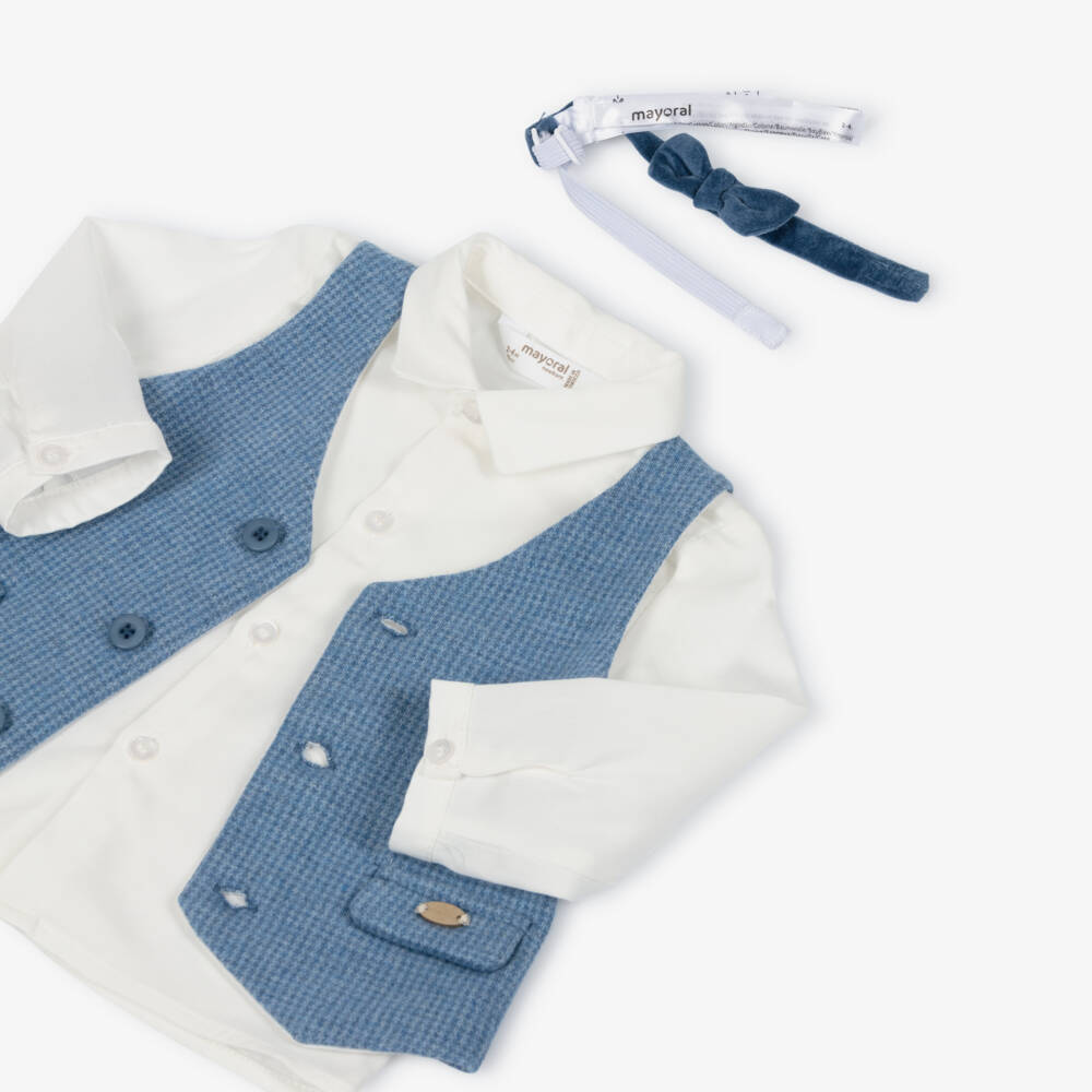 Mayoral Для новорожденных-Baby Boys Blue Cotton Waistcoat Suit | Childrensalon