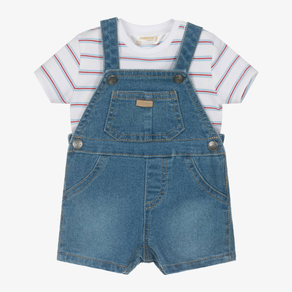 Mayoral Newborn-Baby Boys Blue Denim Dungaree Shorts Set | Childrensalon