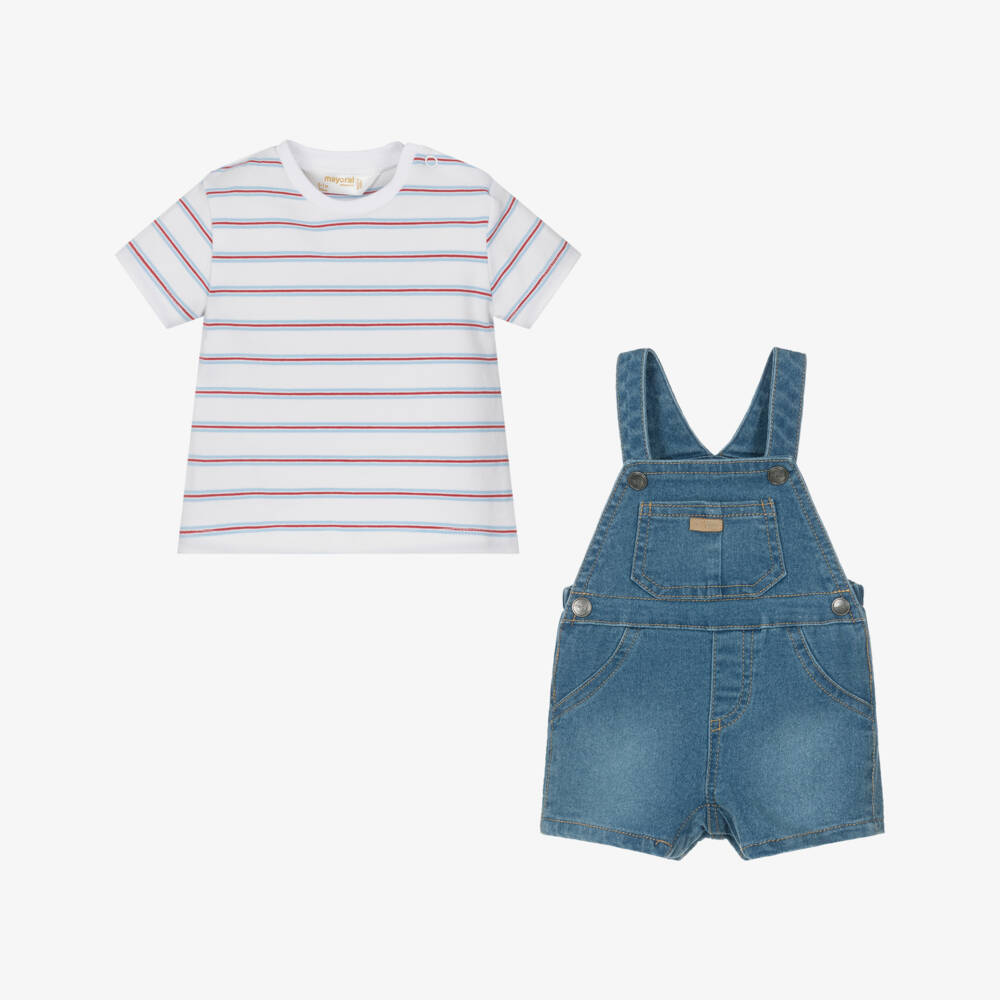 Mayoral Newborn-Baby Boys Blue Denim Dungaree Shorts Set | Childrensalon
