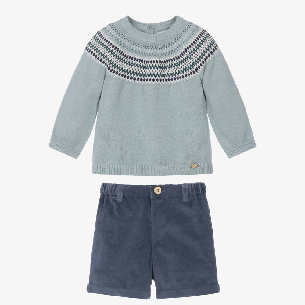 Mayoral Newborn-Baby Boys Blue Fair Isle Sweater & Shorts Set | Childrensalon