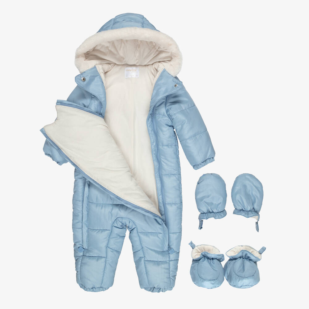 Mayoral Newborn-Baby Boys Blue Hooded Snowsuit with Bear Motif | Childrensalon
