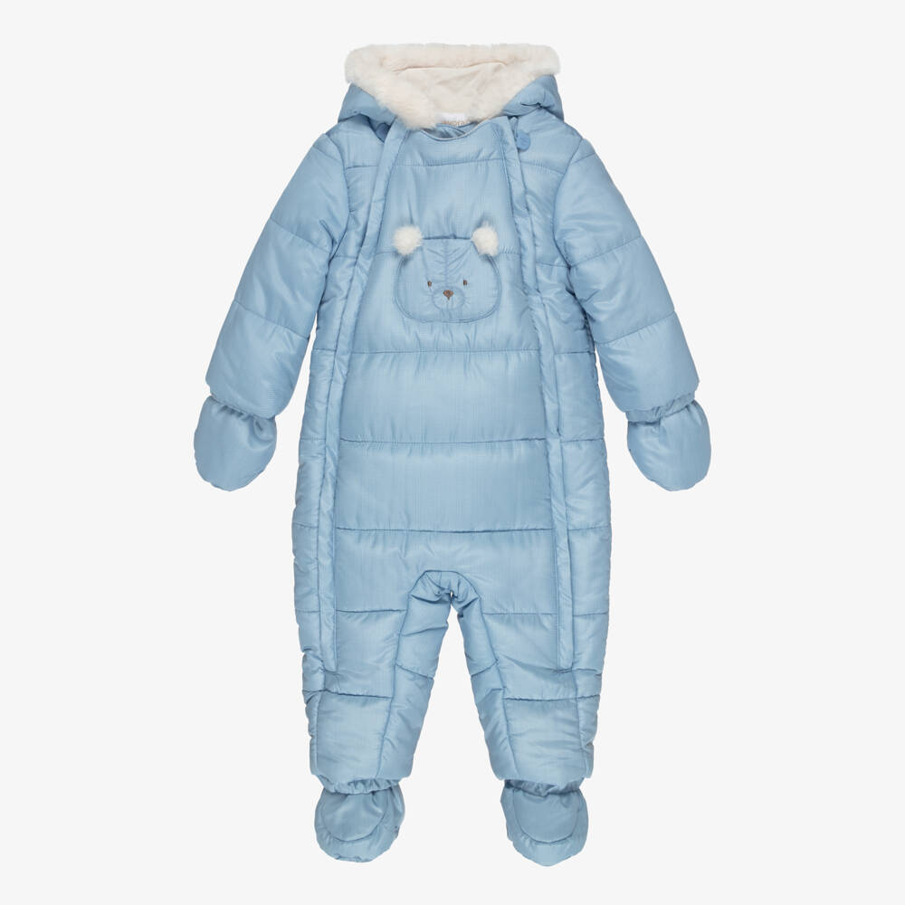 Mayoral Newborn-Baby Boys Blue Hooded Snowsuit with Bear Motif | Childrensalon
