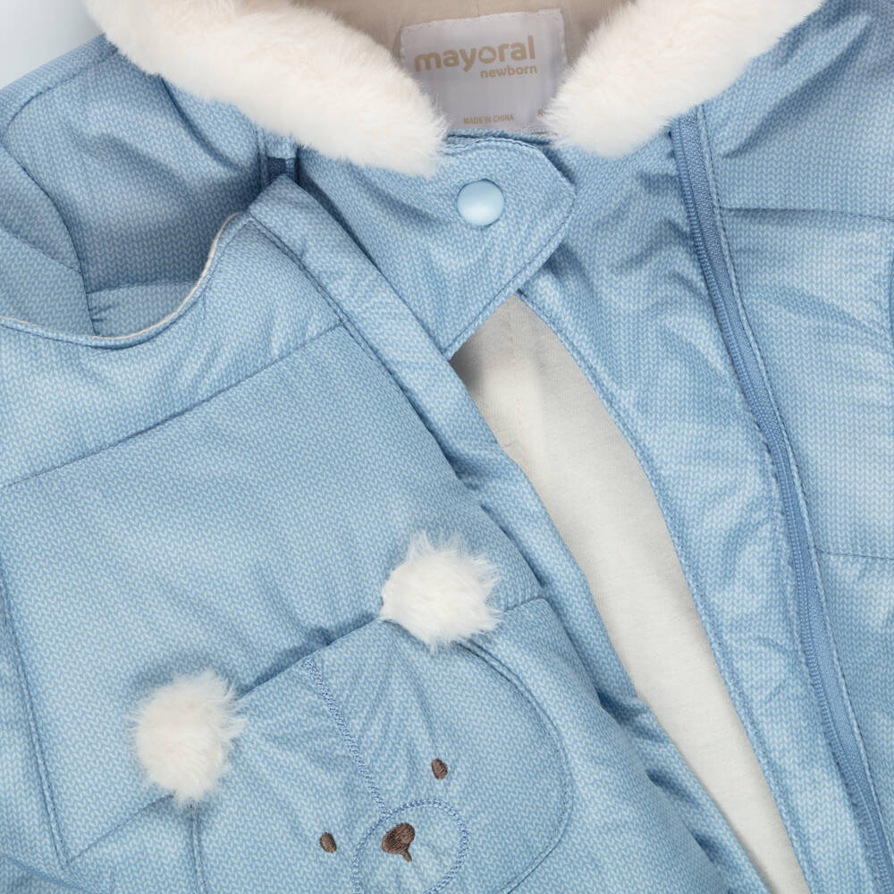 Mayoral Newborn-Baby Boys Blue Hooded Snowsuit with Bear Motif | Childrensalon