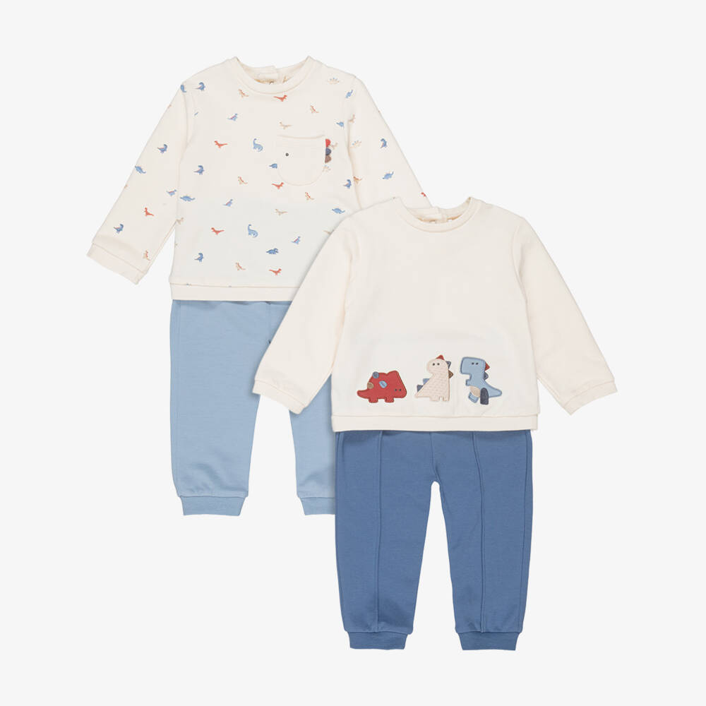Mayoral Newborn-Baby Boys Blue & Ivory Dinosaur Tracksuits (2 Pack) | Childrensalon
