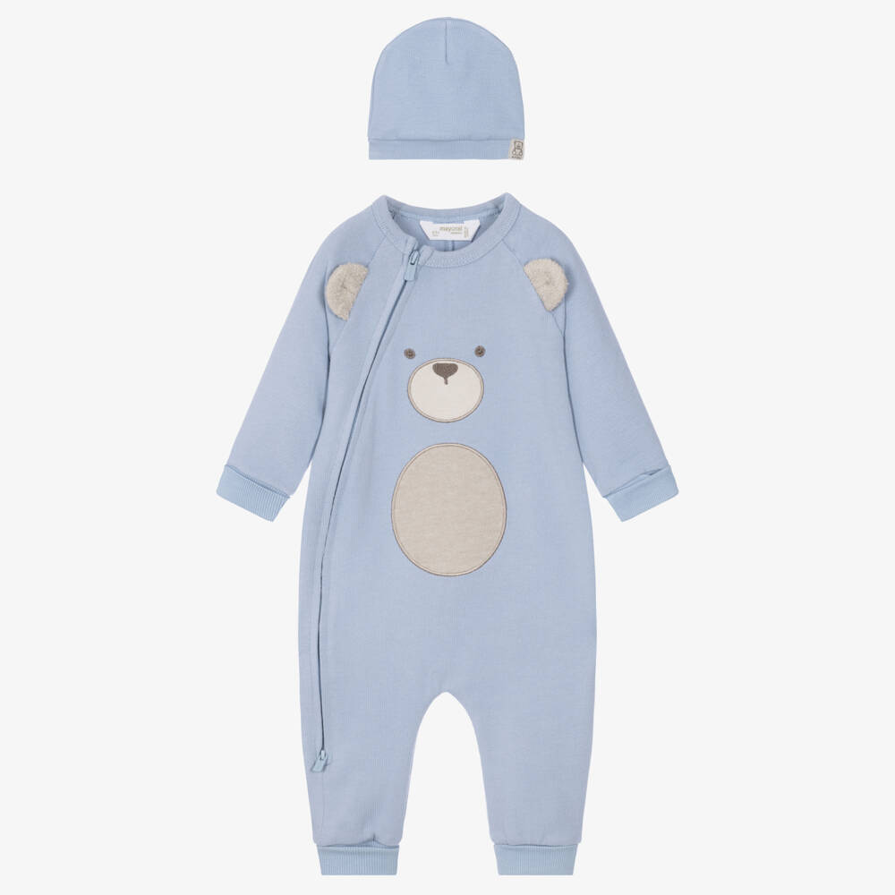 Mayoral Newborn-Baby Boys Blue Jersey Knit Bear Babysuit Set  | Childrensalon