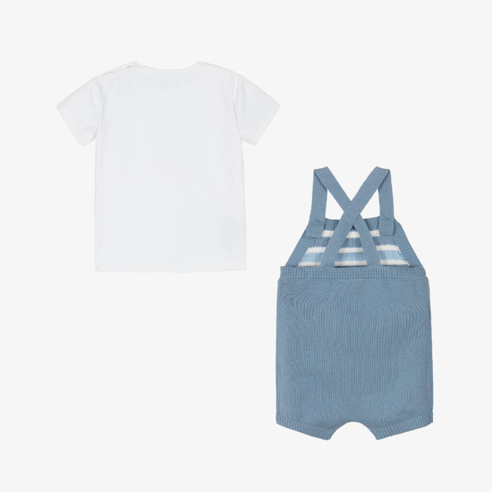 Mayoral Newborn-Baby Boys Blue Knitted Dungarees & White T-Shirt Set | Childrensalon