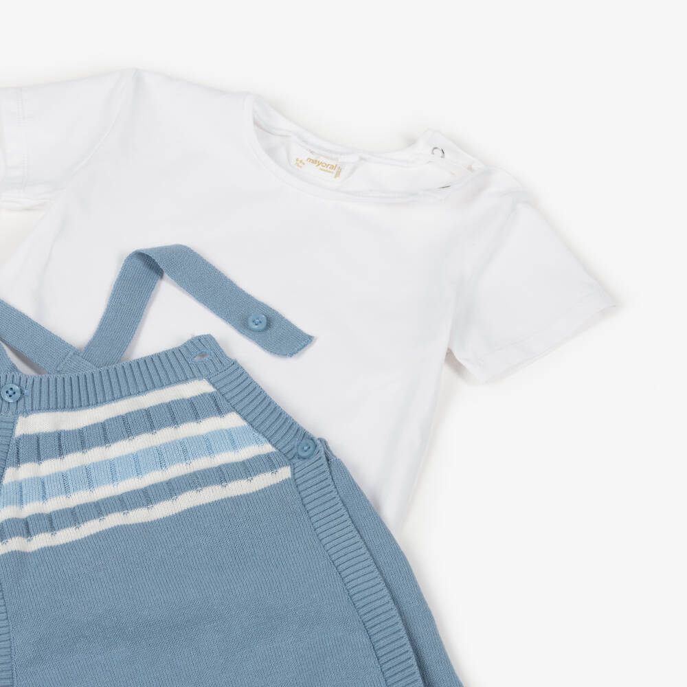Mayoral Newborn-Baby Boys Blue Knitted Dungarees & White T-Shirt Set | Childrensalon