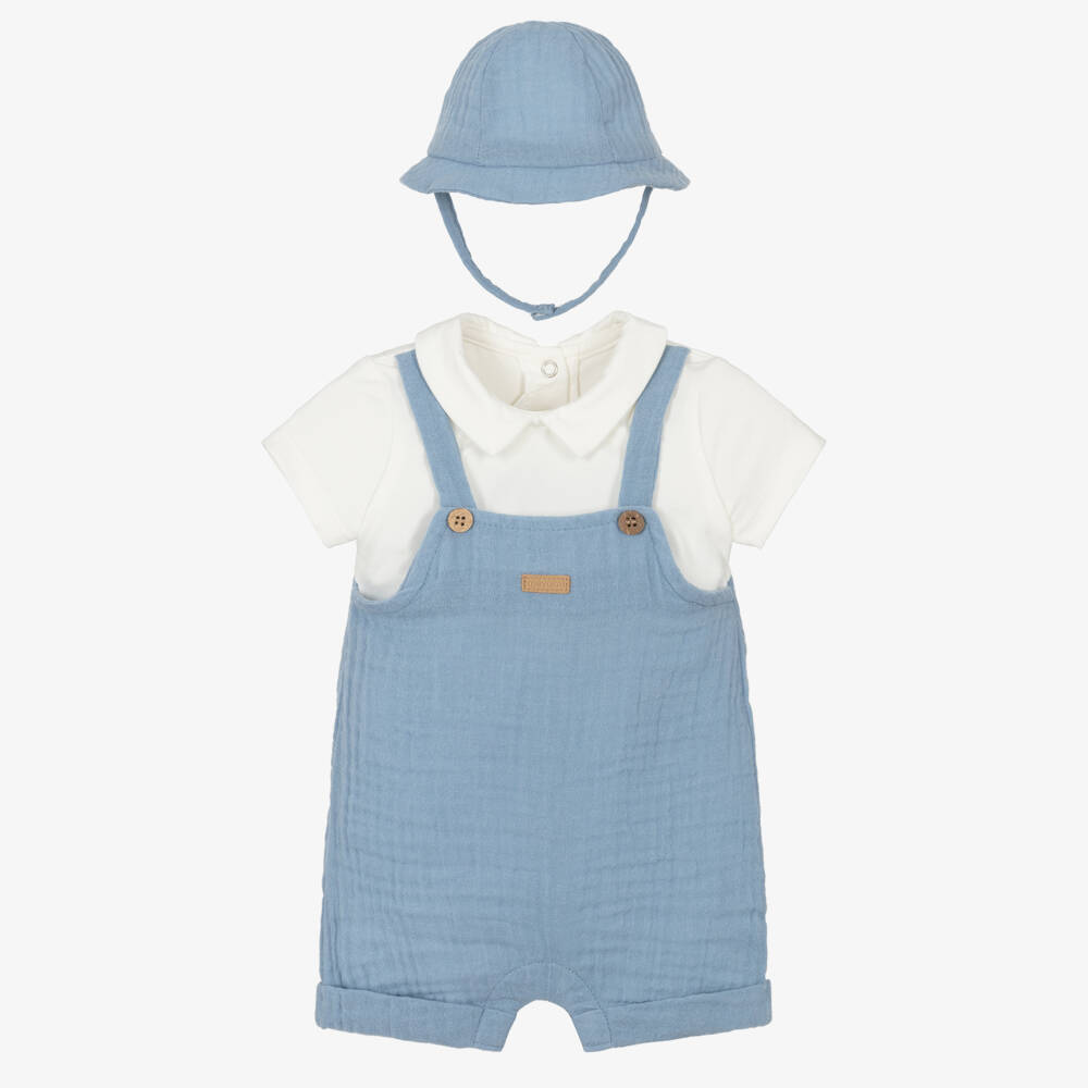 Mayoral Newborn-Baby Boys Blue Muslin Shortie & Hat Set | Childrensalon