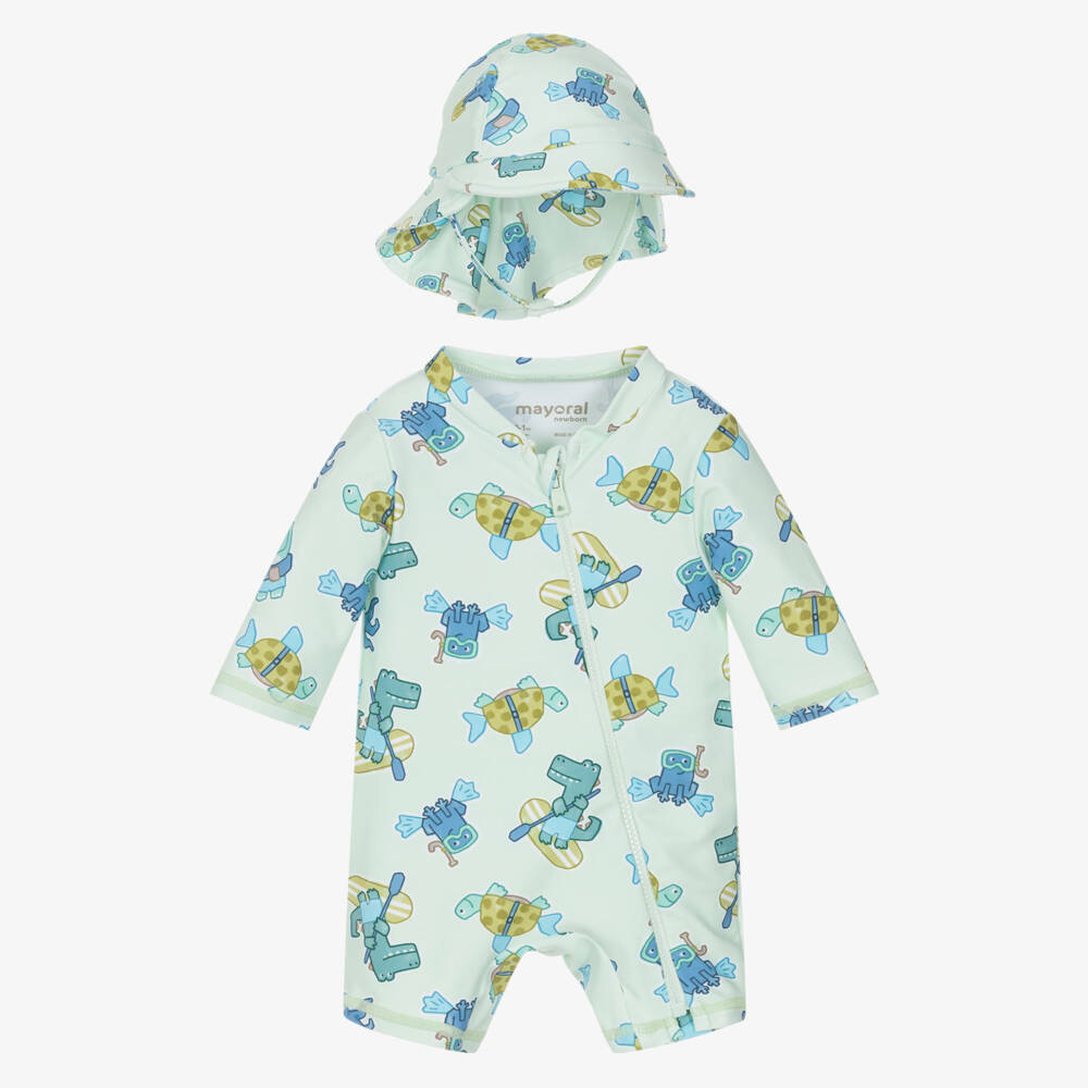 Mayoral Для новорожденных-Baby Boys Green Animal Print Sun Suit Set (UPF40+) | Childrensalon