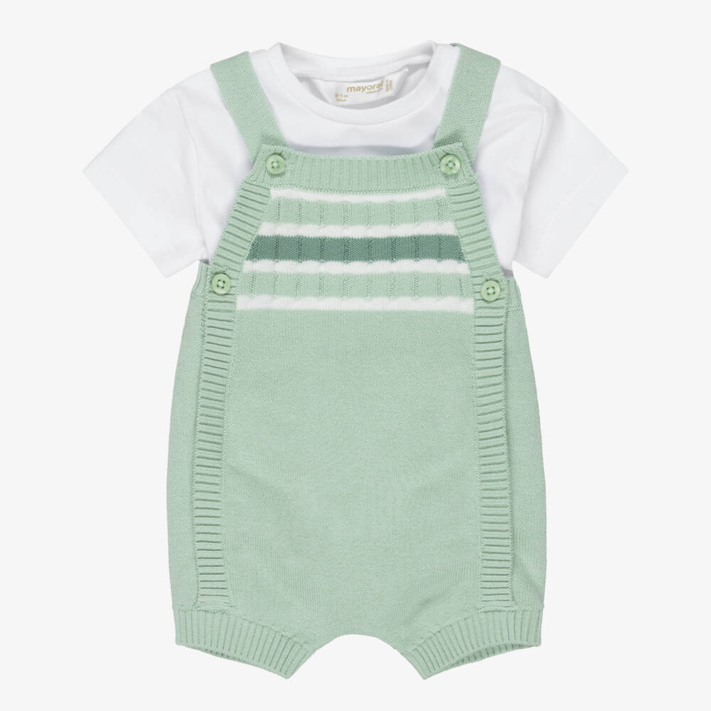 Mayoral Для новорожденных-Baby Boys Green Knitted Dungarees & White T-Shirt Set | Childrensalon