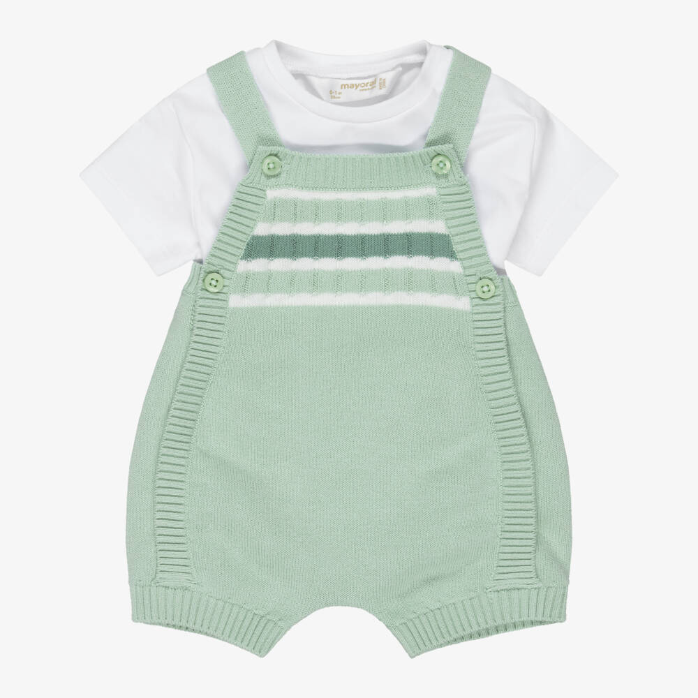 Mayoral Для новорожденных-Baby Boys Green Knitted Dungarees & White T-Shirt Set | Childrensalon
