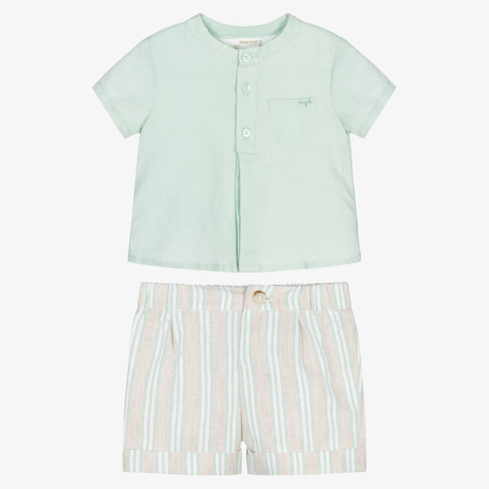Mayoral Newborn-طقم شورت قطن وكتان مقلم لون أخضر للأولاد الرضع | Childrensalon